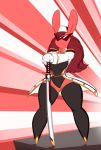  2018 anthro averyshadydolphin big_breasts breasts clothed clothing eliza_(averyshadydolphin) eyewear female fur hair hat holding_object holding_weapon jacket katana lagomorph legwear leotard long_hair mammal melee_weapon pink_fur rabbit red_hair standing stockings sunglasses sword thick_thighs weapon wide_hips 