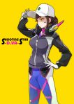  absurdres alternate_hairstyle baseball_cap bodysuit breasts brown_hair cowboy_shot d.va_(overwatch) dirty_face hand_on_hip hat headphones headphones_around_neck highres jacket large_breasts low_ponytail overwatch pilot_suit ribbed_bodysuit shooting_star_d.va solo takumi_chiho yellow_background yellow_eyes 