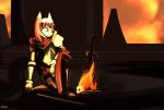  2017 anthro armor biped black_nose campfire canine castle clementine_ravenheart clothed clothing dark_souls detailed_background digital_media_(artwork) digital_painting_(artwork) dirtyscoundrel ears_up fire fully_clothed fur green_eyes highlights kneeling light male mammal melee_weapon multicolored_clothing orange_sky outside red_clothing red_highlights red_topwear shadow signature skull sky snout solo sword video_games weapon white_ears white_fur wolf 