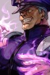  blank_eyes chin evil_grin evil_smile evolution_championship_series fire glowing glowing_hands grey_background grin hankuri hat male_focus pauldrons purple_fire simple_background smile solo street_fighter street_fighter_v vega 