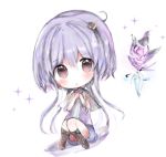  :o bangs blue_skirt blush boots brown_eyes brown_footwear capelet chibi commentary_request cottontailtokki eyebrows_visible_through_hair hair_between_eyes head_tilt knee_boots long_hair looking_at_viewer parted_lips purple_hair purple_shirt see-through shadowverse shingeki_no_bahamut shirt sitting skirt sleeveless sleeveless_shirt solo sparkle spinaria_(shingeki_no_bahamut) very_long_hair white_background 