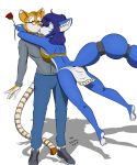  2018 anthro blue_fur blue_hair breasts canine clothed clothing duo eyewear feline female flower fox fur glasses hair kissing krystal male mammal midriff navel nintendo open_mouth plant rose sailoranna star_fox tribal video_games yellow_fur 