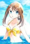  absurdres blue_eyes bow breasts brown_hair collarbone day eyebrows_visible_through_hair haruka_(pokemon) highres long_hair navel open_mouth outdoors partially_submerged pokemon pokemon_(game) pokemon_rse sketch small_breasts solo sunlight upper_body yellow_bikini_top yellow_bow yuihiko 