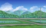  bad_pixiv_id biako blue_sky bush cloud commentary_request day grass highres mountain no_humans original outdoors power_lines rice_paddy road rural scenery sky telephone_pole water 