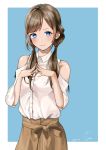  absurdres bangs blue_eyes blush brown_hair brown_skirt cyan_328 dress_shirt hair_over_shoulder highres long_hair looking_at_viewer low_twintails original parted_bangs shirt shoulder_cutout skirt smile solo standing twintails white_shirt 