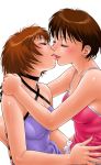  arms_around_neck bangs blush breasts closed_eyes collarbone commentary_request from_side hand_on_another's_hip highres kiss lipstick makeup medium_breasts multiple_girls original short_hair tank_top tongue tongue_out upper_body white_background yui_toshiki yuri 