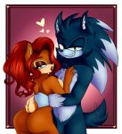  anthro blue_eyes breasts brown_fur butt chipmunk doppleganger_(artist) duo female freckles fur green_eyes grin hair hedgehog long_hair looking_at_viewer male mammal nude rodent sally_acorn smile sonic_(series) sonic_the_werehog squirrel tasteful 