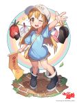  bag black_footwear blue_shirt blush brown_eyes brown_hair character_name child clothes_writing clothesline flag flat_cap grey_shorts hat hataraku_saibou holding holding_flag long_hair looking_at_viewer open_mouth platelet_(hataraku_saibou) shirt short_sleeves shorts shoulder_bag sigma_2018 smile solo upper_teeth white_hat 