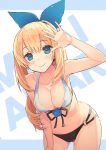  arm_up ass_visible_through_thighs bikini black_bikini_bottom blonde_hair blue_eyes blush cowboy_shot eyebrows_visible_through_hair front-tie_bikini front-tie_top hairband leaning_forward long_hair looking_at_viewer mirai_akari mirai_akari_project multi-strapped_bikini navel o-ring o-ring_bikini o-ring_bottom outstretched_hand sidelocks smile solo swimsuit tam-u virtual_youtuber white_bikini_top 