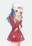  blue_eyes blue_hair blush coat_dress cowboy_shot dress grey_background grey_scarf hat highres hikari_(pokemon) long_hair looking_at_viewer ochi_(lokun) open_mouth poke_ball_symbol pokemon pokemon_(game) pokemon_dppt red_dress scarf short_dress simple_background snowing solo thighhighs white_hat white_legwear winter_clothes zettai_ryouiki 