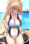  bangs bare_shoulders black-framed_eyewear blonde_hair blue_eyes blush breasts closed_mouth collarbone commentary_request covered_navel fate/grand_order fate_(series) glasses hair_between_eyes highres hips jacket jeanne_d'arc_(fate)_(all) jeanne_d'arc_(swimsuit_archer) large_breasts long_hair looking_at_viewer ocean off_shoulder open_clothes open_jacket ponytail sitting smile solo swimsuit thighs two-tone_swimsuit untsue very_long_hair whistle white_jacket white_swimsuit 