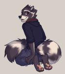  2018 4_toes 5_fingers anthro black_nose brown_eyes clothed clothing digital_media_(artwork) kneeling lukiri mammal open_mouth procyonid raccoon simple_background smile solo teeth toes 