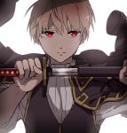  backlighting bad_id bad_pixiv_id blonde_hair cape closed_mouth commentary_request gintama gold_trim hands_up hiiragi_fuyuki holding holding_sword holding_weapon katana looking_at_viewer male_focus okita_sougo red_eyes scabbard scarf sheath simple_background solo sword unsheathing upper_body vest weapon white_background white_scarf 