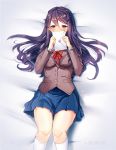  absurdres artist_name bed_sheet blue_skirt blush commentary covering_mouth doki_doki_literature_club english_commentary hair_between_eyes hair_ornament hair_spread_out hairclip highres holding_letter jacket kneehighs koahri letter long_hair love_letter lying on_back pleated_skirt purple_eyes purple_hair school_uniform skirt solo white_legwear yuri_(doki_doki_literature_club) 