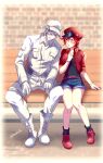  1girl ae-3803 ahoge baseball_cap belt bench black_shirt blush boots cabbie_hat closed_eyes collared_shirt cross-laced_footwear denim denim_shorts full_body gloves hair_over_one_eye hand_on_own_chest hat hataraku_saibou jacket knees_apart_feet_together knees_together_feet_apart koromo_(kinu) open_mouth pants red_blood_cell_(hataraku_saibou) red_footwear red_hair red_hat red_jacket shirt short_hair short_shorts shorts side-by-side signature sitting sleeping spiked_hair t-shirt twitter_username u-1146 white_blood_cell_(hataraku_saibou) white_footwear white_gloves white_hair white_hat white_shirt white_skin yellow_eyes 