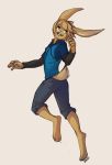  2018 5_fingers anthro barefoot clothed clothing digital_media_(artwork) fur heterochromia lagomorph lukiri male mammal rabbit smile solo tan_fur tan_hair 