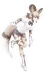  african_wild_dog_(kemono_friends) african_wild_dog_print animal_ears black_hair black_neckwear boots bow bowtie cross-laced_footwear cutoffs dog_ears dog_tail extra_ears eyebrows_visible_through_hair full_body grey_hair ise_(0425) kemono_friends knee_boots long_sleeves looking_away micro_shorts multicolored_hair pantyhose print_legwear print_sleeves shirt short_over_long_sleeves short_sleeves shorts simple_background solo standing standing_on_one_leg tail tiptoes white_background white_footwear white_shirt 