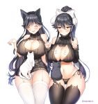  animal_ear_fluff animal_ears atago_(azur_lane) azur_lane bangs black_hair bow bra bra_pull breasts brown_eyes cat cat_lingerie cleavage cleavage_cutout closed_eyes closed_mouth commentary_request dress extra_ears eyebrows_visible_through_hair garter_straps grey_cat hair_flaps highres large_breasts long_hair melomelo_d meme_attire multiple_girls navel open_mouth panties side-tie_panties sweater sweater_dress swept_bangs takao_(azur_lane) thighhighs turtleneck underwear white_background white_bow white_cat white_legwear white_panties 
