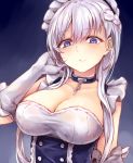  apron azur_lane bangs belfast_(azur_lane) blue_eyes blush braid breasts chain cleavage collar collarbone commentary_request corset dress eyebrows_visible_through_hair french_braid frills gloves hand_on_own_cheek highres large_breasts long_hair looking_at_viewer maid maid_headdress sidelocks silver_hair simple_background slit_pupils solo sukemyon tsurime upper_body white_gloves 
