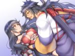  1girl bare_shoulders black_hair black_neckwear blue_background breasts choker couple dutch_angle folks_(nabokof) gradient gradient_background hetero japanese_clothes kimono long_hair looking_at_another medium_breasts open_mouth profile rokurou_rangetsu scabbard sheath simple_background smile tales_of_(series) tales_of_berseria velvet_crowe white_background yellow_eyes 