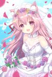  :d animal_ear_fluff animal_ears azur_lane bangs bare_shoulders blue_sky blush breasts bridal_veil brown_flower cat_ears cloud commentary_request day dress elbow_gloves eyebrows_visible_through_hair flower gloves hair_between_eyes hair_flower hair_ornament hamikoron head_tilt highres kisaragi_(azur_lane) long_hair looking_at_viewer medium_breasts open_mouth outdoors petals pink_flower pink_hair pink_rose purple_eyes purple_flower rose see-through sky sleeveless sleeveless_dress smile solo veil very_long_hair wedding_dress white_dress white_gloves yellow_flower 