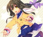  black_hair black_legwear blue_skirt clannad cowboy_shot hikarizaka_private_high_school_uniform ibuki_fuuko long_hair looking_at_viewer low-tied_long_hair open_mouth pantyhose satomi_yoshitaka school_uniform skirt smile solo striped striped_background two-tone_background underskirt yellow_eyes 