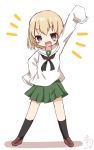  :d alternate_costume arm_up artist_name bangs black_legwear black_neckwear blonde_hair blouse blue_eyes blush_stickers brown_footwear commentary cross dated eyebrows_visible_through_hair fang full_body girls_und_panzer green_skirt hand_on_hip katyusha loafers long_sleeves looking_at_viewer miniskirt neckerchief notice_lines ooarai_school_uniform open_mouth oversized_clothes pleated_skirt pumo_(kapuchiya) school_uniform serafuku shadow shoes short_hair signature single_stripe skirt sleeves_past_wrists smile socks solo standing v-shaped_eyebrows watermark white_background white_blouse 