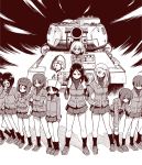  alina_(girls_und_panzer) bangs carrying clara_(girls_und_panzer) closed_mouth commentary crossed_arms emblem extra eyebrows_visible_through_hair fang frown fur_hat girls_und_panzer glasses greyscale ground_vehicle halftone hand_on_hip hand_on_own_knee hat highres jacket katyusha leaning_forward loafers long_hair long_sleeves looking_at_viewer military military_vehicle miniskirt monochrome motor_vehicle multiple_girls nina_(girls_und_panzer) nonna open_mouth pleated_skirt pravda_school_uniform round_eyewear sabaku_chitai school_uniform shadow shirt shoes short_hair shoulder_carry skirt sleeves_rolled_up smile socks standing standing_at_attention swept_bangs t-34-85 tank tank_helmet turtleneck ushanka v-shaped_eyebrows 