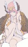  bangs bird_wings bracelet breasts circe_(fate/grand_order) cleavage commentary_request fate/grand_order fate_(series) feathered_wings green_eyes head_feathers head_wings jewelry looking_at_viewer necklace pink_hair pointy_ears sitting smile solo thighs tsukumo white_robe wings 