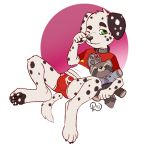  black_fur briefs bulge canine clothed clothing collar cub dalmatian dog fur male mammal paw_patrol pawpads plushie roger_the_cat shirt solo t-shirt underwear white_fur young 