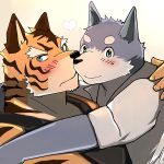  &lt;3 2015 anthro bearlovestiger13 black_nose blush canine clothed clothing duo feline fur gou_(character) himitsuri_no_lagoon male male/male mammal muscular muscular_male seiya striped_fur stripes tiger 