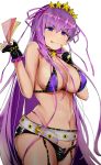  bb_(fate)_(all) bb_(swimsuit_mooncancer)_(fate) belt bikini breasts commentary_request covered_nipples earrings fate/grand_order fate_(series) fingerless_gloves garter_straps gloves gold_trim hair_ribbon holding_money jewelry large_breasts long_hair nail_polish nanasumin naughty_face navel open_fly purple_bikini purple_eyes purple_hair ribbon short_shorts shorts solo star star_earrings swimsuit very_long_hair 