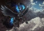  2018 armor assasinmonkey blue_eyes blue_feathers clothed clothing cloud cloudscape cosmic_hair cute cutie_mark equine eyebrows eyelashes feathered_wings feathers female feral flying friendship_is_magic hair hooves horn knight long_hair mammal my_little_pony outside portrait princess_luna_(mlp) signature sky smile solo spread_wings winged_unicorn wings 