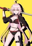  absurdres ahoge bikini black_bikini black_gloves breasts choker cleavage collarbone eyebrows_visible_through_hair fate/grand_order fate_(series) floating_hair gloves grin hair_between_eyes hand_on_hip hayata_(ayasaki_index) highres holding holding_sword holding_weapon jeanne_d'arc_(alter_swimsuit_berserker) jeanne_d'arc_(fate)_(all) katana large_breasts long_hair o-ring print_bikini_top shadow sheath shiny shiny_hair shrug_(clothing) silver_hair simple_background smile solo swimsuit sword thigh_strap very_long_hair weapon yellow_background yellow_eyes 