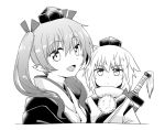  :d ahoge bow eyebrows_visible_through_hair greyscale hair_bow hat head_tilt himekaidou_hatate inubashiri_momiji japanese_clothes long_hair monochrome multiple_girls nibi open_mouth pointy_ears pom_pom_(clothes) smile sword sword_behind_back tokin_hat touhou turtleneck twintails upper_body weapon 