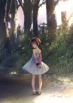  back black_scrunchie braid brown_eyes brown_hair commentary dress full_body highres kneepits looking_at_viewer original outdoors sandals scrunchie sody solo standing sundress tree twin_braids wrist_scrunchie 