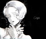  androgynous black_background cairngorm_(houseki_no_kuni) character_name colored_eyelashes crack cracked crystal_hair dated hands_on_own_neck houseki_no_kuni looking_at_viewer morino_bambi shards short_hair solo sparkle thick_eyebrows upper_body white_eyes white_hair 
