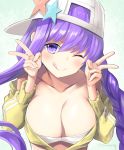  ;q bangs baseball_cap bb_(fate)_(all) bb_(swimsuit_mooncancer)_(fate) bikini braid breasts cleavage closed_mouth collarbone double_v eyebrows_visible_through_hair fate/grand_order fate_(series) fingernails green_background hair_between_eyes hands_up hat head_tilt jacket large_breasts long_hair long_sleeves looking_at_viewer off_shoulder one_eye_closed purple_eyes purple_hair sideways_hat smile solo star swimsuit tongue tongue_out twitter_username tyone v very_long_hair white_bikini white_hat yellow_jacket 