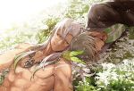  black_coat brown_eyes chest_tattoo closed_eyes dezel_(tales) feathers flower grass grey_hair hair_between_eyes highres jewelry long_hair lying male_focus multiple_boys muscle necklace nidue on_back on_side shirtless smile tales_of_(series) tales_of_zestiria tattoo upper_body white_hair zaveid_(tales) 