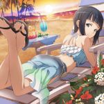  bangs beach black_hair blue_bikini_top blue_eyes blunt_bangs drinking_straw flower glass gradient_skirt hibiscus jpeg_artifacts looking_at_viewer looking_back mole mole_under_eye official_art outdoors palm_tree red_flower sachi_(sao) short_hair side_slit skirt smile solo sun sunset sword_art_online tree white_flower 