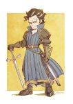  armor brown_hair chibi gloves looking_at_viewer male_focus octopath_traveler olberic_eisenberg scar short_hair shoutank14 simple_background solo sword weapon 