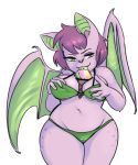  anthro bat bikini breast_squish breasts clothed clothing dessert female food front_view green_bottomwear green_clothing green_eyes green_swimwear green_tongue green_topwear hair hand_on_breast holding_breast ice_cream inner_ear_fluff licking looking_at_viewer mammal membranous_wings naughty_face portrait purple_hair purple_skin rainbowsprinklesart seductive simple_background solo squint standing suggestive suggestive_food swimsuit three-quarter_portrait tongue tongue_out white_background wide_hips wings 
