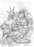  2018 anthro armor avian beverage clothed clothing duo eyes_closed greyscale gryphon inside laugh lizard male monochrome reptile scalie sitting sketch tail_tuft tuft wooy 