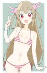  :d arm_at_side ass_visible_through_thighs bad_id bad_twitter_id bandaged_arm bandages bangs bare_shoulders bikini blush body_blush breasts bunny_hair_ornament collarbone colored_stripes cowboy_shot donguri_suzume eyebrows_visible_through_hair fang fingernails flat_color green_background grey_hair groin hair_ornament halter_top halterneck hand_up happy hips leaning_to_the_side long_hair looking_at_viewer nail_polish natori_sana navel open_mouth outside_border pink_bikini red_bikini red_eyes red_nails ribs sana_channel side-tie_bikini sidelocks simple_background small_breasts smile solo standing straight_hair string_bikini striped striped_bikini swimsuit two_side_up underboob very_long_hair w wide_hips 