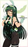  ahoge animal_ears bare_shoulders bespectacled black_legwear blush breasts bunny_ears bunny_girl bunny_tail bunnysuit cleavage covered_navel detached_collar fake_animal_ears glasses gloves green_hair green_hairband hairband highres large_breasts leotard long_hair looking_at_viewer mochi null_(nyanpyoun) open_mouth pantyhose pea_pod skindentation solo strapless strapless_leotard tail tan thigh_strap touhoku_zunko tray very_long_hair vocaloid voiceroid wrist_cuffs yellow_eyes 