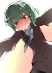  angry blush closed_mouth coat collared_shirt commentary_request fang full-face_blush green_eyes green_hair highres igarashi_futaba_(shiromanta) lanyard lips looking_at_viewer lying medium_hair office_lady on_stomach orz overcoat pantyhose ponytail qqyy8rf9k senpai_ga_uzai_kouhai_no_hanashi shirt tearing_up tears trembling wavy_mouth 