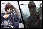  breasts brown_hair closed_mouth comic commentary_request cosplay eyebrows_visible_through_hair forest godzilla godzilla_(series) grey_eyes gun hair_between_eyes heterochromia highres iowa_(kantai_collection) iowa_(kantai_collection)_(cosplay) kantai_collection large_breasts long_hair looking_at_viewer mizuchi_(mizuchi7118) nature palm_tree ponytail reaching_out red_eyes rigging smoke star tree turret weapon yamato_(kantai_collection) 