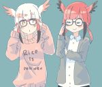  adjusting_eyewear alternate_costume bangs bird_wings black_hair blush casual clothes_writing collared_shirt commentary cowboy_shot english glasses hand_on_eyewear hasu_(zatsugami) head_wings highres jacket japanese_crested_ibis_(kemono_friends) kemono_friends long_sleeves multicolored_hair multiple_girls red_hair scarlet_ibis_(kemono_friends) shirt short_hair sidelocks smug sweater twintails white_hair wings 