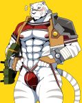  2018 5_fingers abs anthro bearlovestiger13 blush bulge claws clothed clothing feline fundoshi fur grimoire_of_zero japanese_clothing male mammal mercenary_(character) muscular muscular_male pecs simple_background solo striped_fur striped_tail stripes tiger tuft underwear yellow_background 