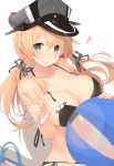  anchor_hair_ornament ball bare_arms beachball bikini black_bikini blonde_hair blush breasts cleavage closed_mouth collarbone commentary_request cowboy_shot eyebrows_visible_through_hair green_eyes hair_between_eyes hair_ornament hair_over_shoulder hat highres kagerou_(shadowmage) kantai_collection large_breasts lips long_hair looking_at_viewer military_hat navel peaked_cap prinz_eugen_(kantai_collection) revision scrunchie side-tie_bikini simple_background sitting smile solo swimsuit twintails v white_background white_scrunchie wrist_scrunchie 